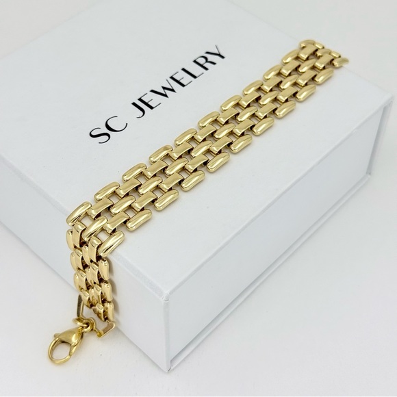 14K Gold Plated Chunky Wide Link Bracelet | Triple Row Chain Waterproof Jewelry - Picture 3 of 11